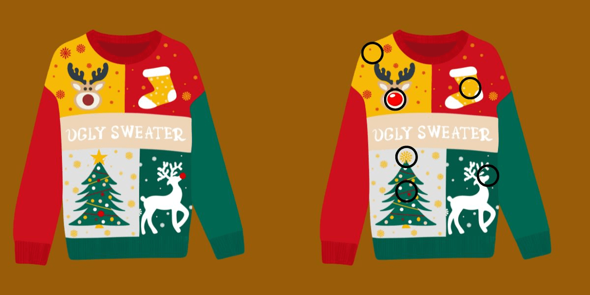 Herausforderung „Erkenne den Unterschied“: Können Sie die 6 subtilen Änderungen in diesen Weihnachtspullover-Bildern in weniger als 12 Sekunden finden?